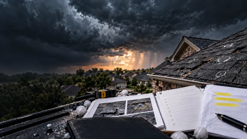 Dark storm clouds and rain over a neighborhood, with a chalk-circled hail-damaged shingle roof, hailstones, a notebook and a highlighted inspection report resting on the roof edge.
