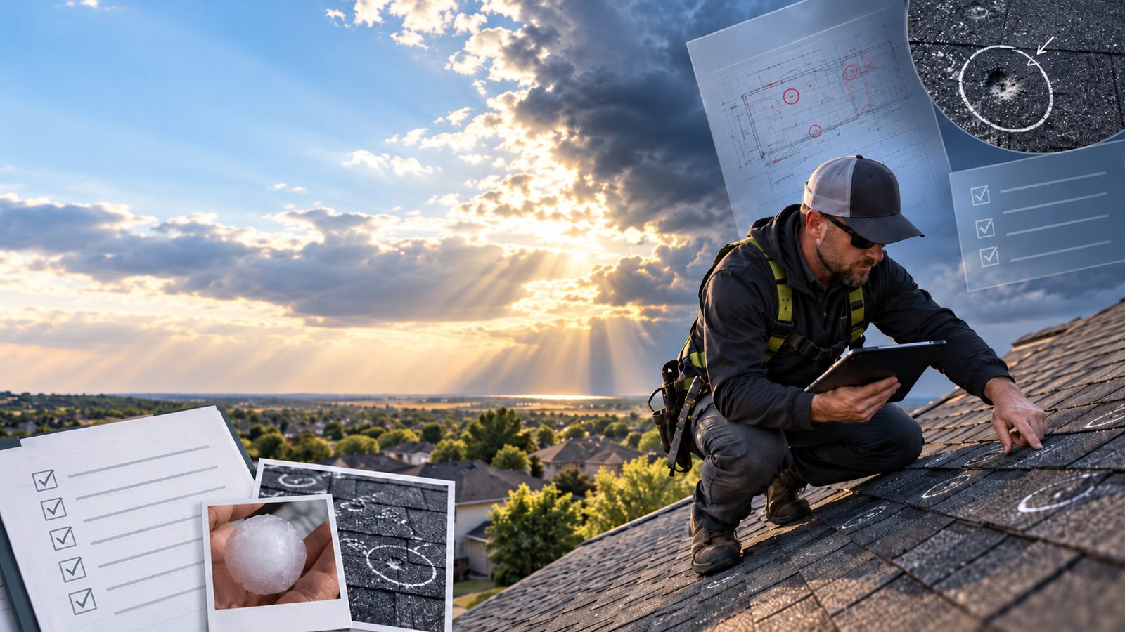 A roof inspector kneels on an asphalt shingle roof marking hail hits with chalk while holding a tablet, with a hail-damage checklist and close-up photos of hailstones and bruised shingles overlaid, under a clearing storm sky.