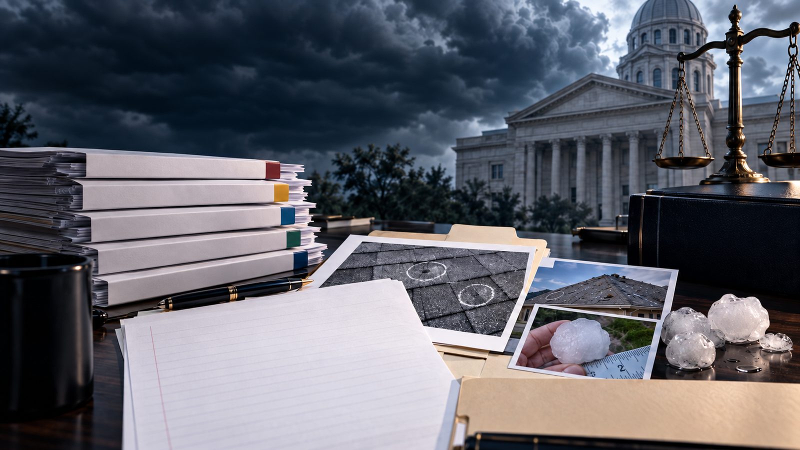 Stacked case files and folders, photographs of hail-damaged shingles and a hailstone against a tape measure, and scales of justice in front of a courthouse under dark storm clouds.